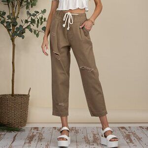 Distressed cotton twill pants - Mocha color, drawstring, elasticated waistband